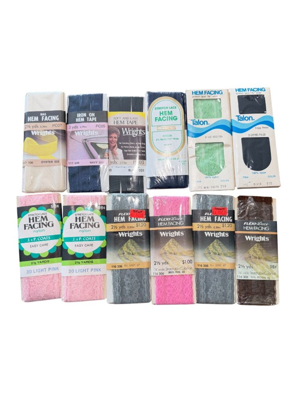 Lot Of 12 Vintage Hem Tapes Facing Stretch Lace Hem Wrights Talon J.P. Coats